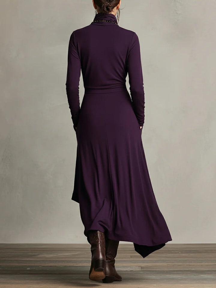 Lonnie | Elegant High-Neck Asymmetrical Draped Maxi Dress - Maison Léa &amp; Lou