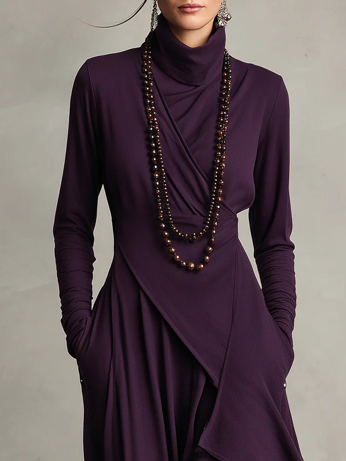 Lonnie | Elegant High-Neck Asymmetrical Draped Maxi Dress - Maison Léa &amp; Lou