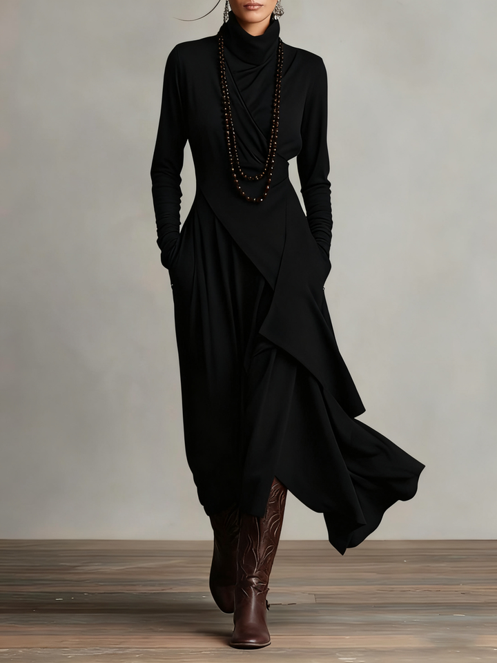 Lonnie | Elegant High-Neck Asymmetrical Draped Maxi Dress - Maison Léa &amp; Lou