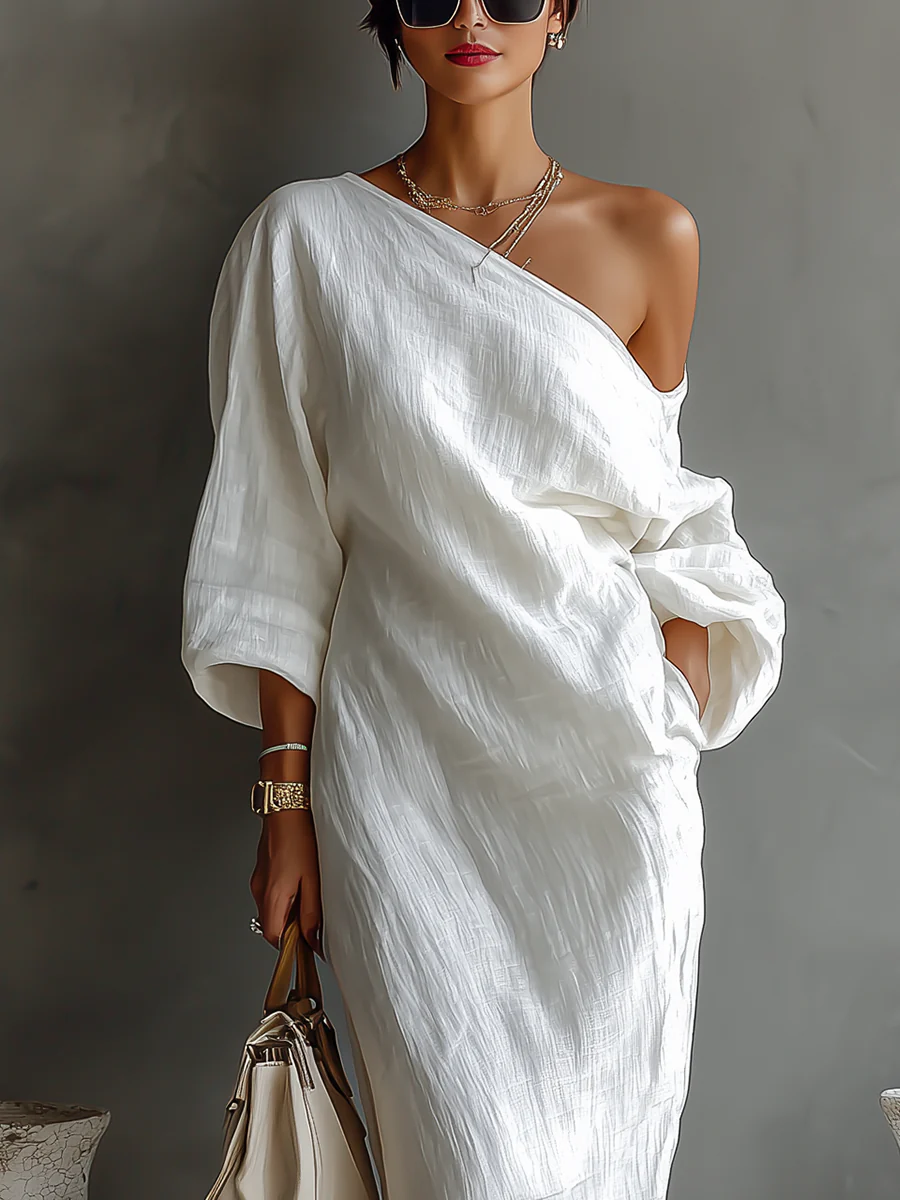 Elise™ | Maxi abito elegante monospalla in bianco - Maison Léa &amp; Lou