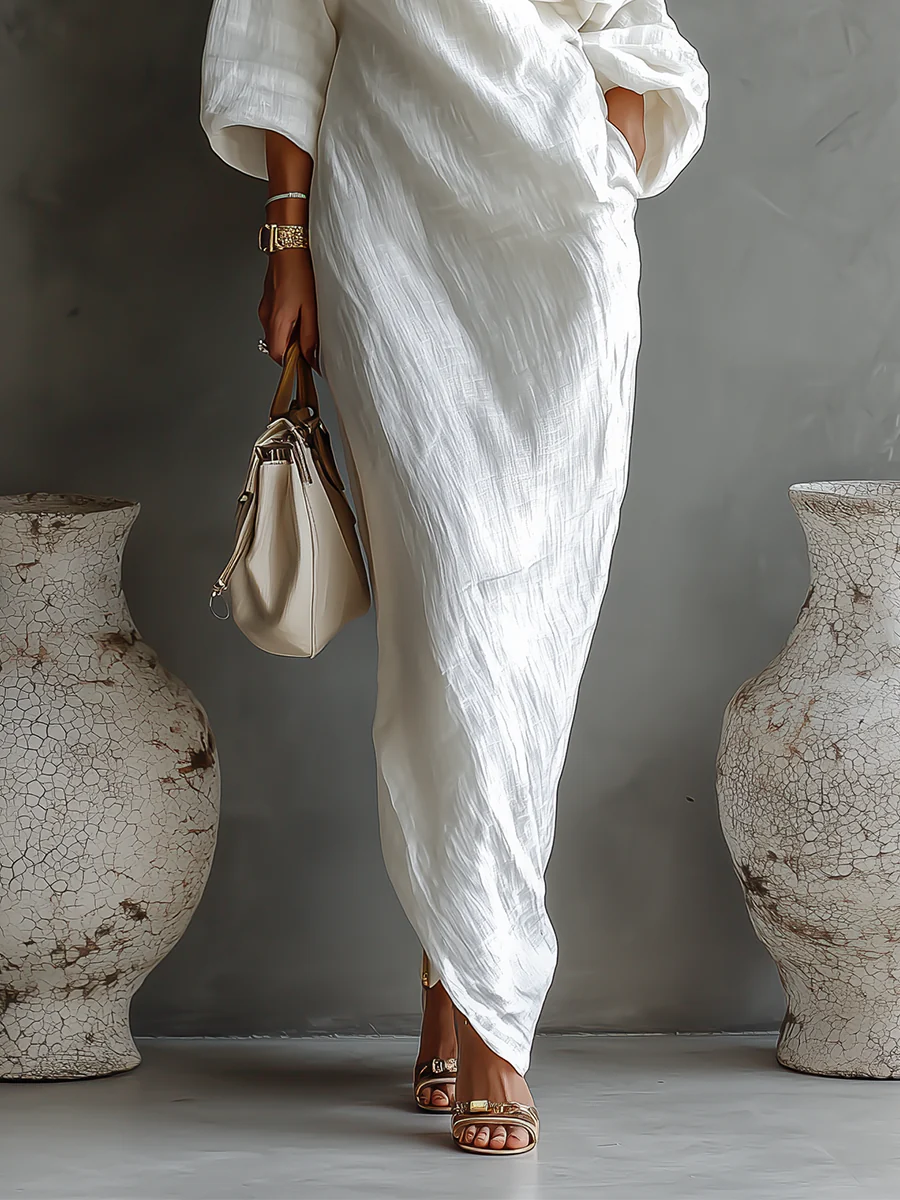 Elise™ | Maxi abito elegante monospalla in bianco - Maison Léa &amp; Lou