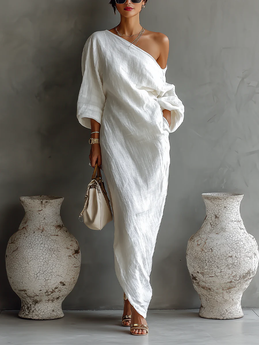 Elise™ | Maxi abito elegante monospalla in bianco - Maison Léa &amp; Lou