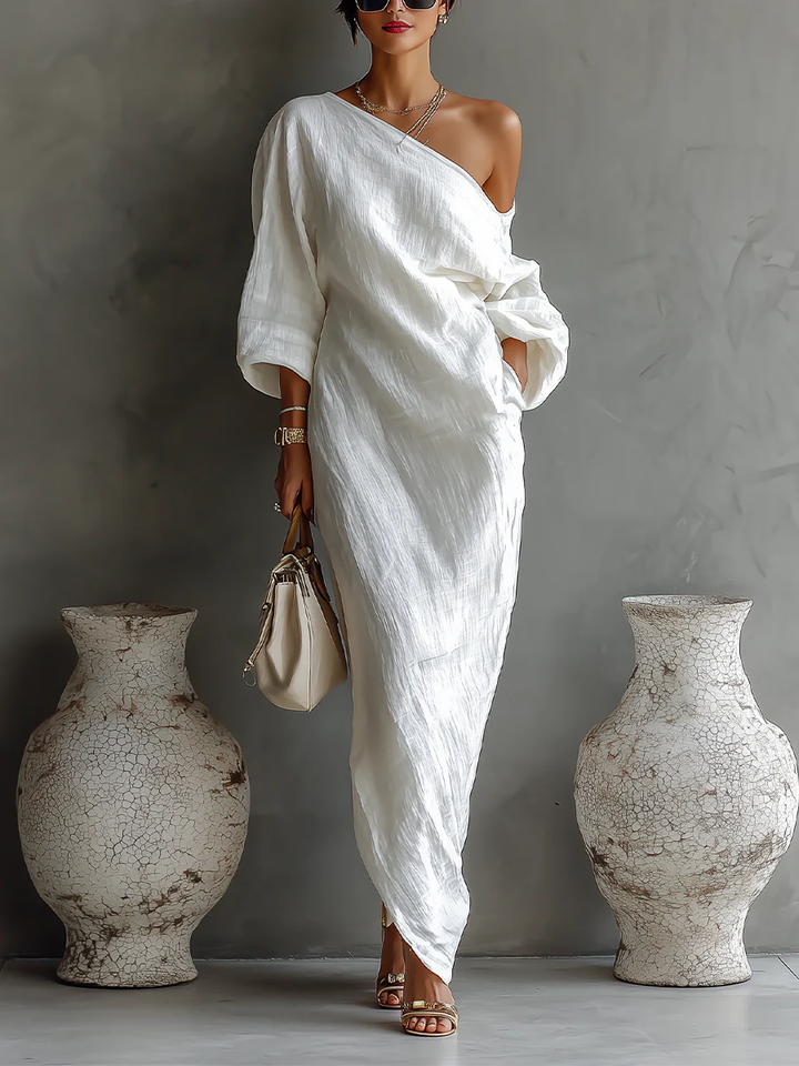 Elise™ | Maxi abito elegante monospalla in bianco - Maison Léa &amp; Lou