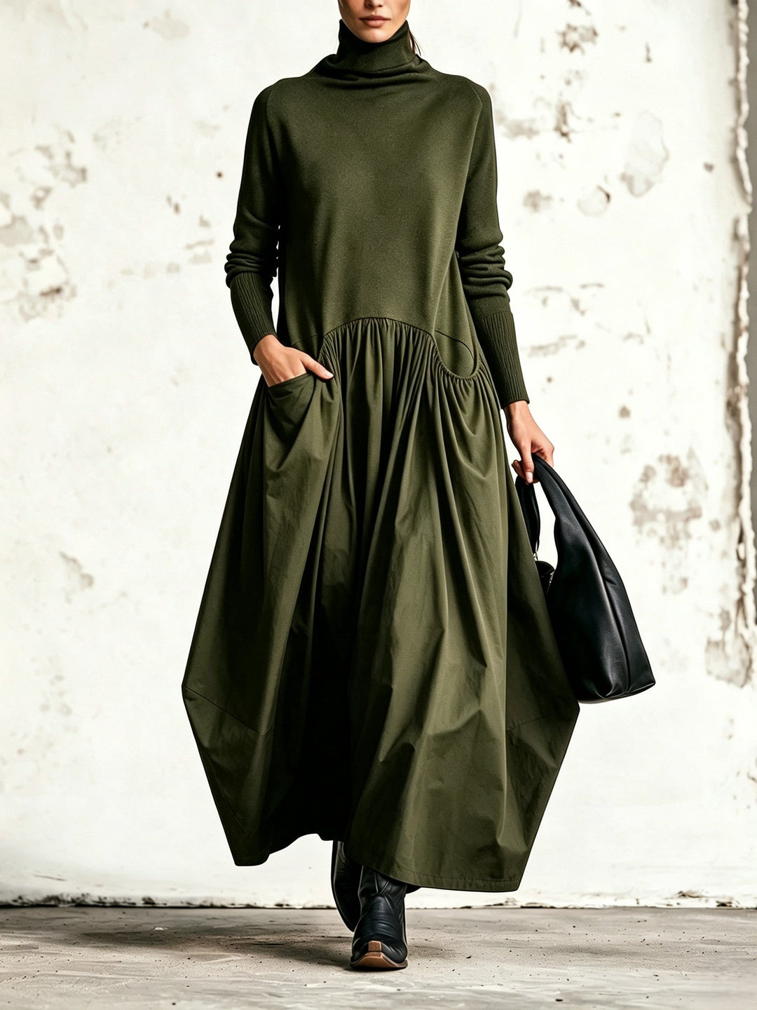 Oversized High Neck Long Dress with Pockets