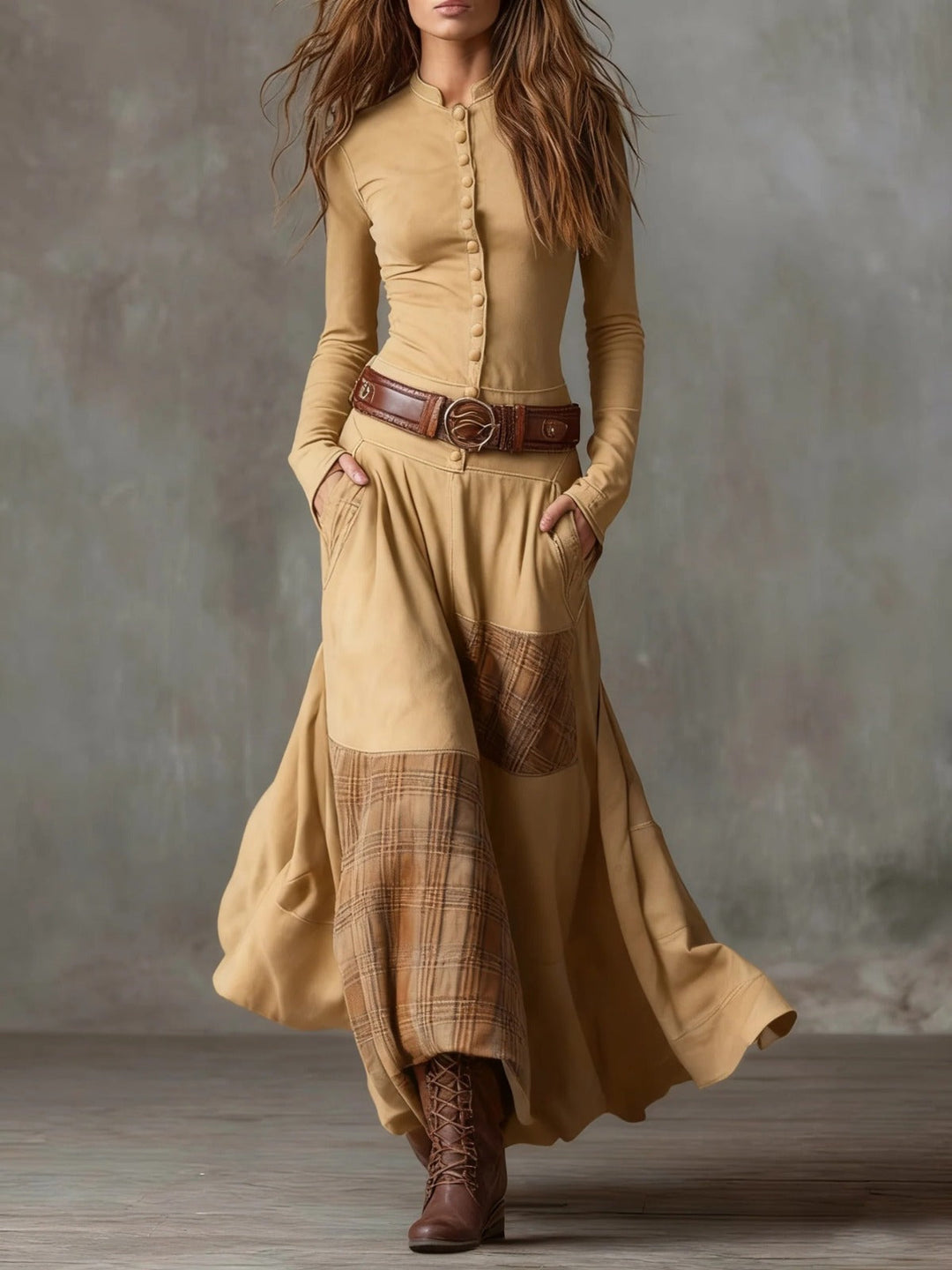 Elise | Long suede-effect dress with belt