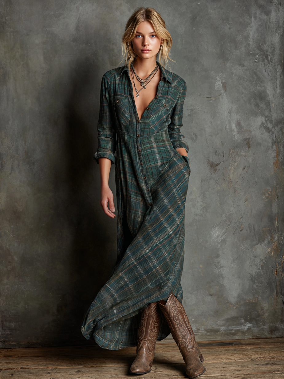 Ailene | Classic Green Plaid Shirt Dress - Maison Léa & Lou