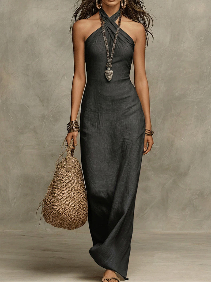 Avelina™ | Abito maxi con scollo all’americana, voluminoso, in cotone e lino - Maison Léa &amp; Lou