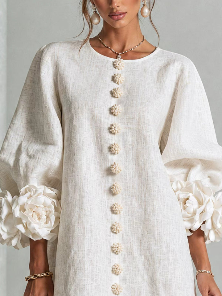 Floral Dress with Puff Sleeves and Round Neck
