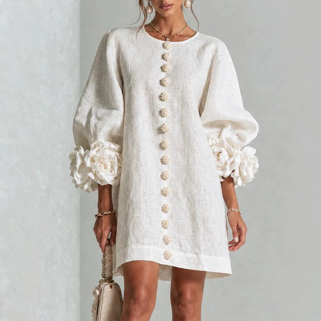 Floral Dress with Puff Sleeves and Round Neck